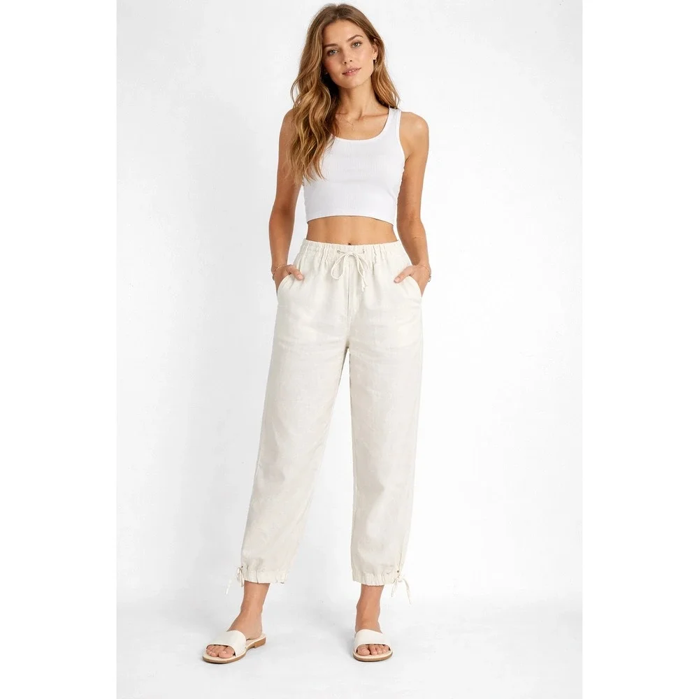 Banana Republic Linen Pants Size 8 Ivory Drawstring Cropped Tie Ankle‎ Beach